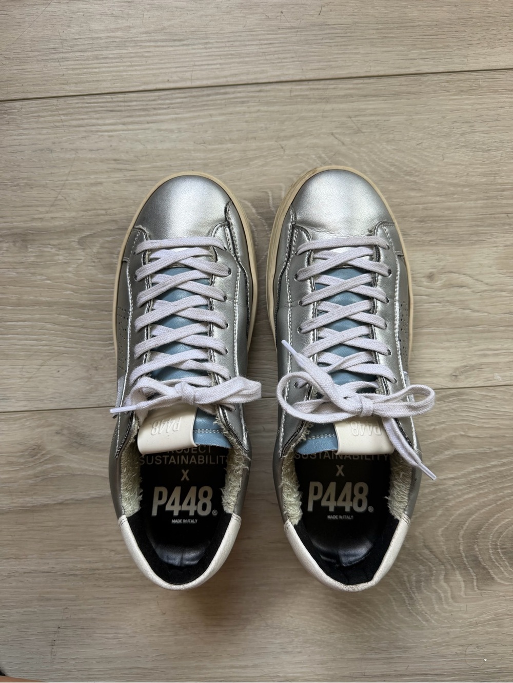 P448 Women's Silver Metallic Low-Top Sneakers with White Laces